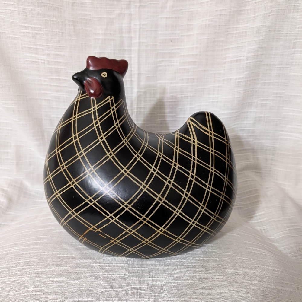 Black & tan Plaid Hen chicken Pottery Ceramic Black French Country Farmhouse